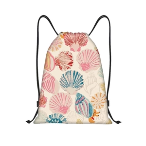 Detail of printed drawstring backpack featuring colorful seashells and reinforced eyelets