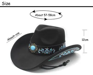 Size chart showing 57-58cm circumference and 8.5cm brim for the black cowboy hat