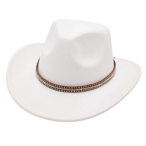 Cappello da cowboy bianco in feltro con fascia di strass e tesa larga alla moda