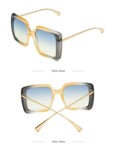 Side view of oversized square sunglasses with gradient frames and blue-yellow lenses