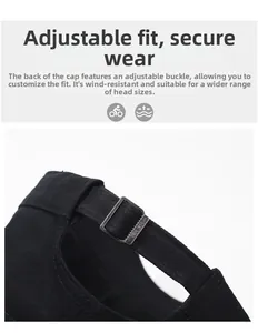 Detail of adjustable metal buckle on black cotton twill baseball cap for custom fit