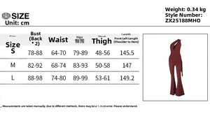 Size chart for slim fit one-shoulder jumpsuit with bust waist and length measurements