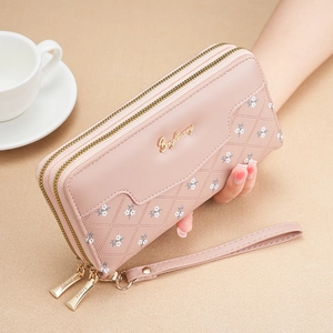 Portefeuille long en cuir PU rose avec broderie florale et fermeture à double zip