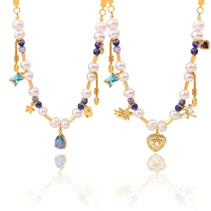 Vintage style beaded necklace with freshwater pearls and blue stone pendants