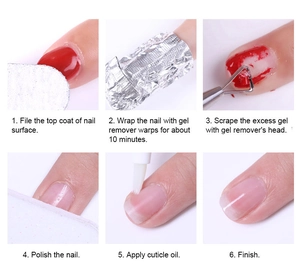 Step-by-step 5D gel nail polish removal guide using professional tools and cuticle oil