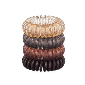 Set of four high-elastic spiral telephone wire hair ties in clear, grey, brown, and black
