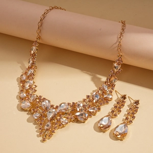 Luxury water drop pendant necklace and earrings set with champagne crystals in gold finish