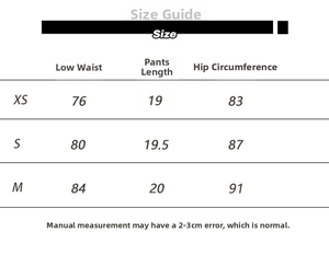 Size guide for low waist black mini shorts showing waist, length, and hip measurements