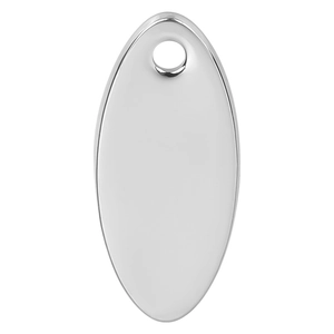 Close-up of polished silver oval stainless steel pendant with a precision hanging hole