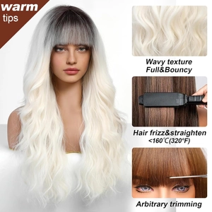 Long wavy ombre blonde wig with bangs, heat resistant fiber synthetic hair for women