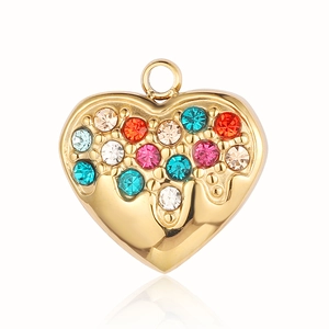 Detail of heart-shaped gold pendant with colorful rhinestones and shell inlay
