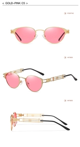 Three-angle view of steampunk gold frame sunglasses with pink lenses and metal temples