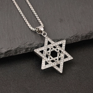 Hip-hop Star of David pendant necklace in silver stainless steel with sparkling rhinestones