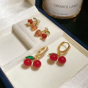 Cherry Stud Earrings Fruit Shape Zircon Red Green Jewelry For Women With 925 Sterling Silver Earring Post