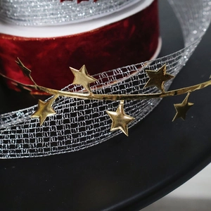 Christmas ribbon with gold stars and silver mesh for DIY festive wreaths and tree decor
