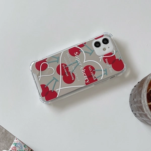 Close-up of cherry and heart pattern on mirror-finish TPU case for iPhone and Huawei