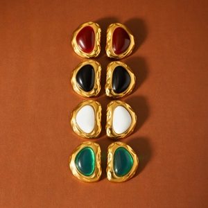 Retro 18k gold irregular stainless steel earrings with resin insets in four colors