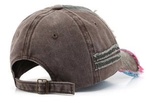 Distressed wash cotton baseball cap with frayed edges and adjustable bronze metal buckle