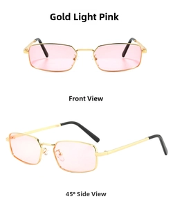Detail view showing front and 45-degree angles of gold rectangular metal sunglasses