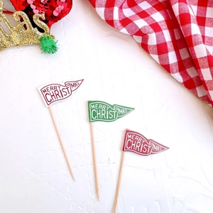 Décorations de gâteau Joyeux Noël rouges et vertes avec bâtonnets en bois festifs