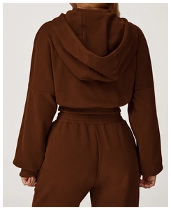 Rear view of model wearing a dark brown hooded tracksuit set in a studio setting