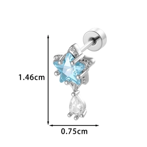 Silver cartilage stud earring with blue star and white drop pendant for women
