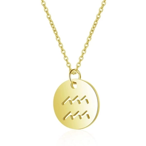 Gold stainless steel Aquarius zodiac pendant necklace with hollowed round medallion charm