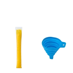 Clear disposable ice pop pouches with a blue silicone funnel on white background