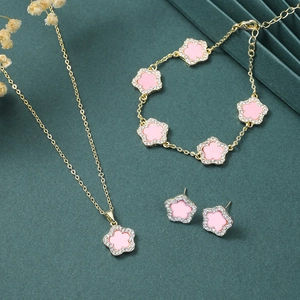 Pink diamond-set five-petal flower jewelry set including necklace bracelet and earrings