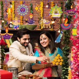 Colorful Diwali hanging decorations with god and elephant motifs for festive home decor