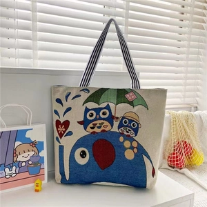 Bohemian jacquard canvas tote bag with elephant and owl embroidery for women