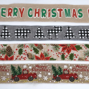 Rustic Christmas faux linen ribbons featuring festive holiday prints and wire edges