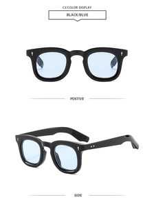 Front and side view of round black sunglasses with blue lenses and silver rivets