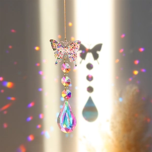 Crystal suncatcher with metal butterfly and colorful rhinestones for garden decor
