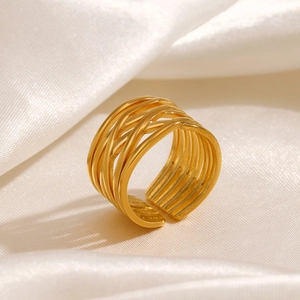 Stainless Steel Ring 18K Gold Plated Multi Layer Crossed Lines Geometric Adjustable Open Minimalist Jewelry For Women