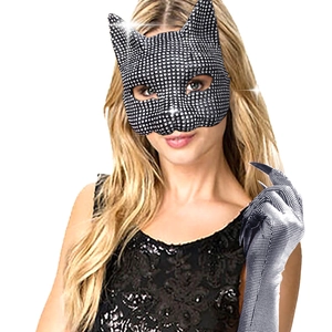 Detail of rhinestone cat mask and long gloves with nails for Halloween cosplay parties