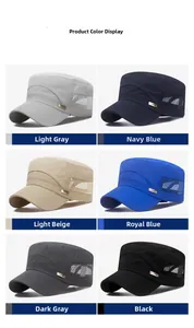 Men's breathable mesh army caps shown in six colors including light grey and navy blue