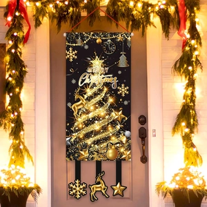 Merry Christmas Door Banner Black Gold Polyester Hanging Flag With Reindeer Snowflake Pendants For Home Porch Wall Decor