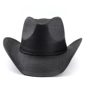 Classic black wide-brim western cowboy hat with deep crown and woven texture for sun protection