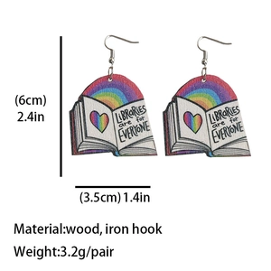 Rainbow book earrings with Libraries Are For Everyone print, wood material, 2.4 inch length