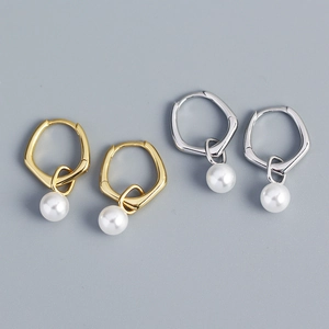 Geometric Artificial Pearl Dangle Hoop Earrings S925 Sterling Silver Polished Retro Elegant Jewelry For Women