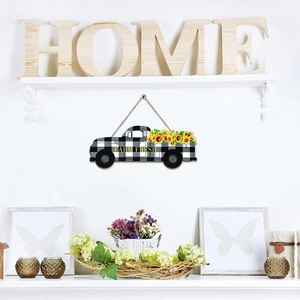 Holz Wanddeko LKW im Farmhaus-Stil mit Karomuster und gelben Sonnenblumen Motiven