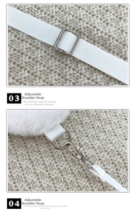 Detail of adjustable white fabric strap with silver metal buckle for plush goose crossbody bag