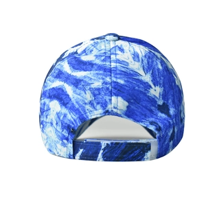 Detail view of the adjustable velcro strap on a blue and white tie-dye cotton baseball cap