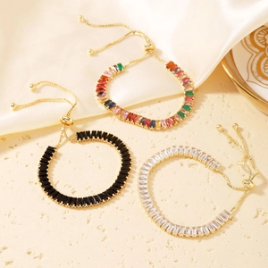 Adjustable bolo bracelets with colorful baguette-cut zircons and gold-plated snake chains