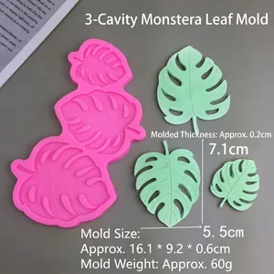 Macro shot of 3-cavity monstera leaf silicone mold with dimensions and finished product