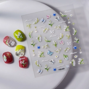 5D Lily of the Valley embossed nail stickers with blue flowers and butterfly designs