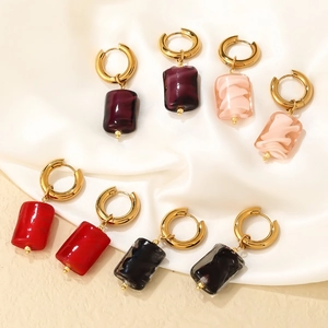 Minimalist gold stainless steel hoop earrings with colorful marbled resin rectangular charms