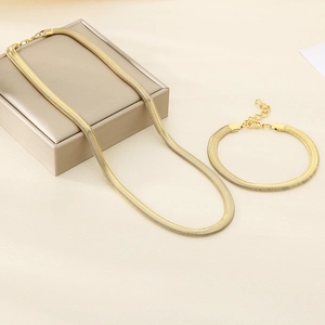 Detail view of 18k gold plated stainless steel flat snake chain necklace and bracelet set
