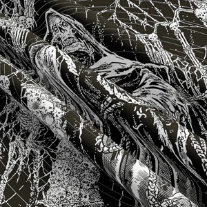 Detailed macro view of Gothic reaper skull print on high-quality woven tapestry fabric